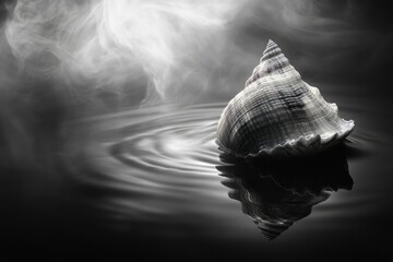Aufkleber - A large seashell rests on dark, still water, with ethereal smoke swirling in the background.
