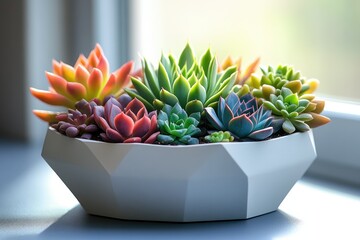 A vibrant collection of succulents in a geometric white planter, bathed in sunlight.