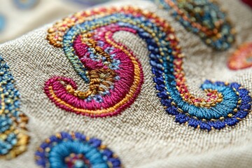 Poster - Close-up of vibrant, multicolored paisley embroidery on beige linen fabric, showcasing intricate stitching detail.