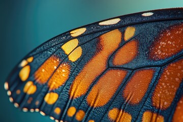 Poster - Close-up of a butterfly wing, showcasing intricate patterns and vibrant orange and blue hues.