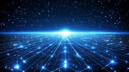 Poster - Futuristic Blue Hexagon Grid Network With Glowing Spheres On A Dark Background, Cyberpunk Style.