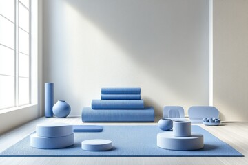 Poster - Serene yoga studio with blue mats, blocks, and accessories, bathed in sunlight.