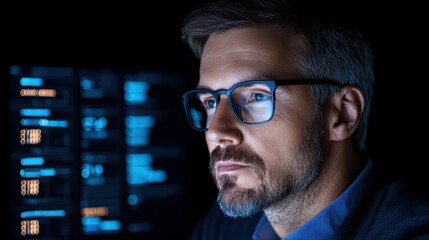 Poster - Focused Professional Analyzing Data on a Computer Screen at Night