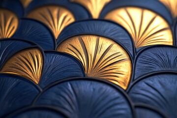 Poster - Intricate gold and blue art deco pattern, overlapping fan-like shapes create a luxurious texture.
