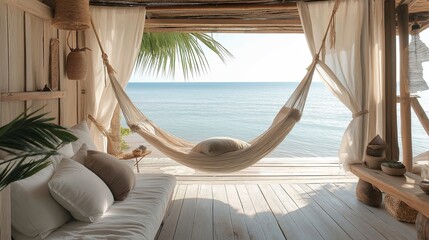 Poster - A cozy coastal reading nook with a hanging hammock chair, soft cushions, and sea breeze coming in