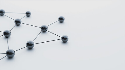 Poster - Network Connection: Abstract image of interconnected dark spheres representing a network, symbolizing connection, communication, and global networking.