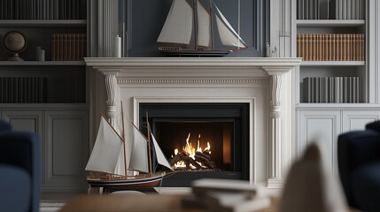 Poster - A cozy fireplace with a white stone mantle, navy blue accents, and an elegant sailboat model.
