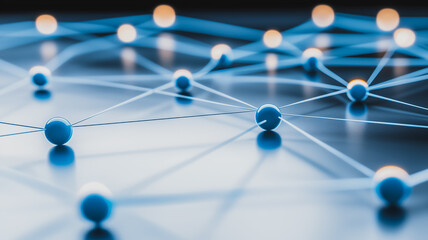 Poster - Interconnectedness: Abstract concept of connection and collaboration. Blue spheres linked together, forming a network of relationships.  