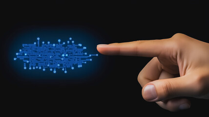 Poster - Digital Touch: A fingertip hovers over a glowing blue circuit board design, symbolizing the connection between human interaction and digital technology.  