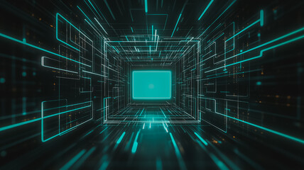 Poster - Digital Tunnel: Journey into the glowing teal digital tunnel, surrounded by intricate circuitry and data streams.  A futuristic and abstract vision of technology and the digital age. 