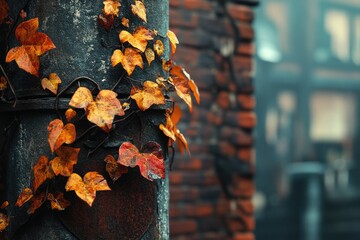 Poster - Autumn leaves clinging to a rusty metal post against a blurred brick wall background.