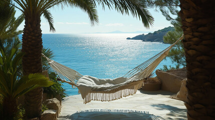 Poster - A cozy hammock strung between two palm trees, overlooking the blue sea