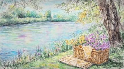 Wall Mural - Peaceful riverside picnic scene with flowers and a woven basket, softly hand-drawn