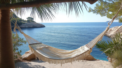 Poster - A cozy hammock strung between two palm trees, overlooking the blue sea