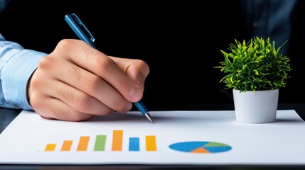 Poster - Hand Writing on Paper with Financial Graph and Small Plant Decoration