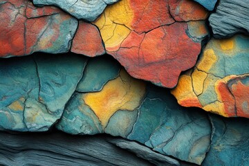 Aufkleber - Vibrant, multicolored rock formations with cracks and fissures, showcasing geological beauty.