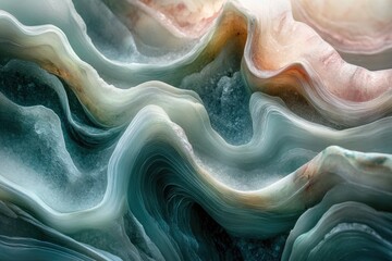 Poster - Abstract image of swirling, layered textures in teal, green, and beige hues resembling a geological formation or seashell.