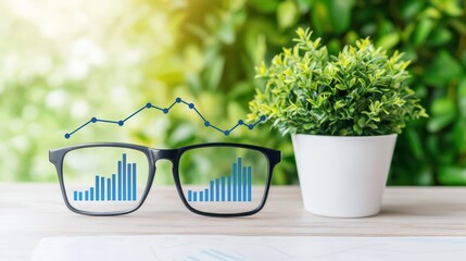 Poster - glasses with business graph and small plant in a bright office