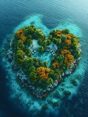 Wall Mural - A heart-shaped island resort in the Maldives with glass suites, surrounded by a cyan ocean, corals, and palms