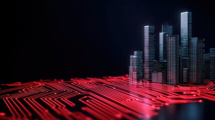 Poster - Futuristic Cityscape with Circuit Board and Red Neon Glow