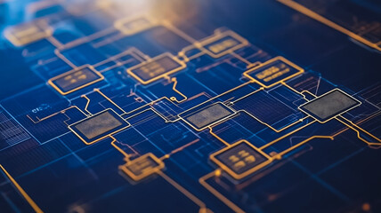 Poster - Digital Network Interface: Abstract close-up of a futuristic digital network interface with glowing nodes and connections, suggesting complex data flow and technological advancement.  