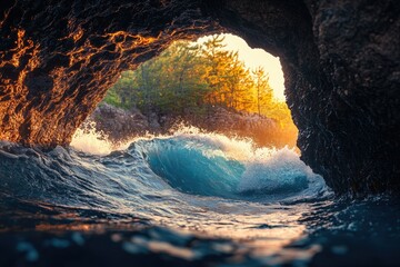 Poster - Ocean wave crashing into a dark cave at sunset, creating a stunning natural light show.
