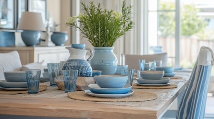 Poster - A dining area with a rustic wooden table, sea-inspired dinnerware, and soft blue decor