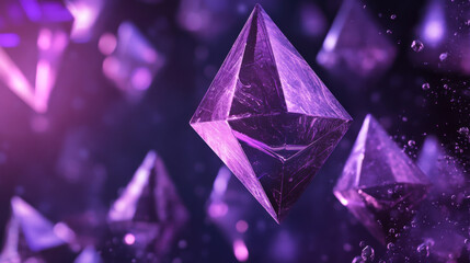Poster - deep purple crystals floating in an abstract cosmic space with a mystical ambiance and glowing energ