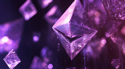 Poster - deep purple crystals floating in an abstract cosmic space with a mystical ambiance and glowing energ
