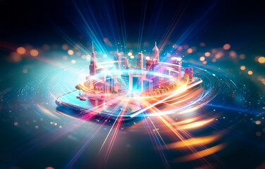 Poster - Abstract illustration featuring a burst of light, radiating outward from a central point in a dark background.  The light appears to be moving at a fast speed.