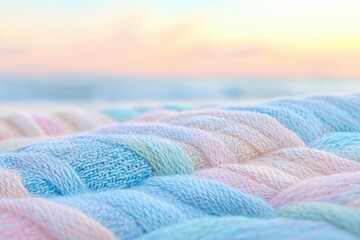 Poster - Soft pastel-colored woven fabric texture, beach background blur.
