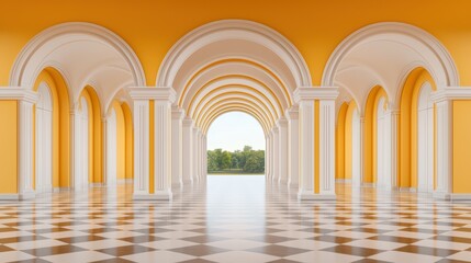 Poster - Elegant Archways in Bright Yellow Interior Space with Reflections