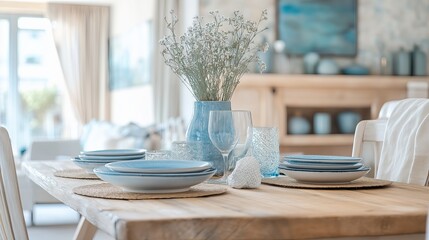 Poster - A dining area with a rustic wooden table, sea-inspired dinnerware, and soft blue decor