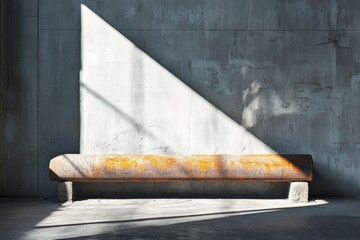 Poster - Rustic metal bench sits against a sunlit concrete wall, casting shadows.