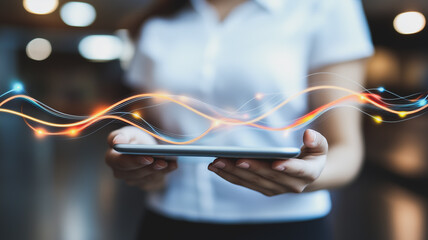 Poster - connecting the dots: a woman's hands hold a tablet, revealing an ethereal network of glowing lines t