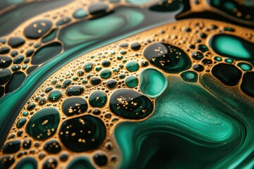 Aufkleber - Abstract art featuring swirling emerald green and gold, creating a mesmerizing pattern of bubbles and textures.