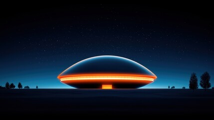 Poster - Futuristic Neon UFO in Dark Landscape with Stars and Trees Background