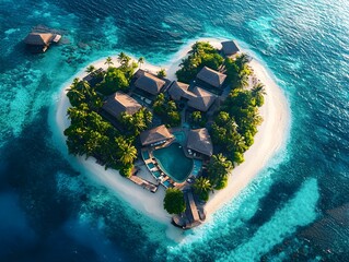 Wall Mural - A heart-shaped island resort in the Maldives with glass suites, surrounded by a cyan ocean, corals, and palms