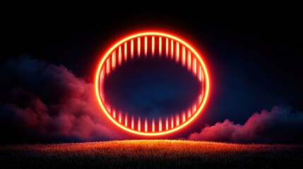 Wall Mural - Glowing Neon Circular Shape Against Dark Background with Clouds