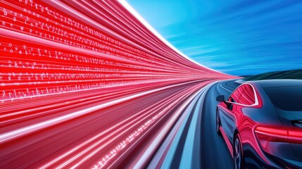 Poster - Futuristic Car with Data Flow in Motion on a Velocity Road