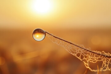 Poster - Sunrise reflected in a dewdrop clinging to a spiderweb, a golden morning scene.