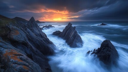 Wall Mural - Rocky coastline, close-up of jagged rocks against crashing waves, dramatic lighting