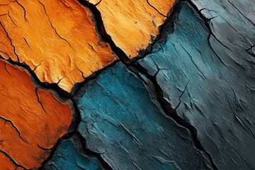 Aufkleber - Abstract image of cracked paint in shades of orange and teal, creating a textured, artistic effect.