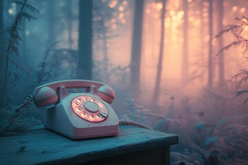 Poster - An old rotary phone sits alone in a misty, sunlit forest, evoking a sense of mystery and isolation.