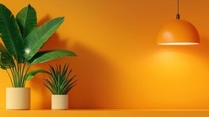 Wall Mural - Stylish Indoor Plants with Warm Yellow Background and Modern Light