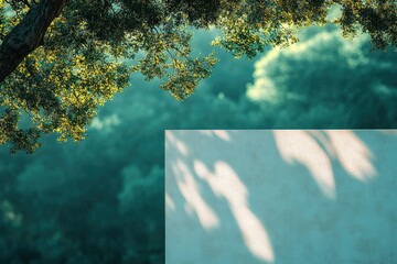 Poster - Serene landscape showcasing a tree's canopy casting shadows on a tranquil wall.