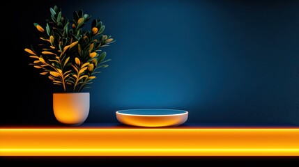 Poster - Minimalist Interior Design with Plant and Circular Light Base