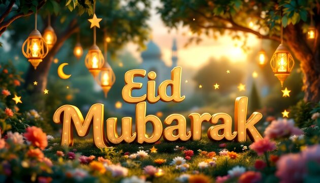 3D Eid Typography with Lanterns Design