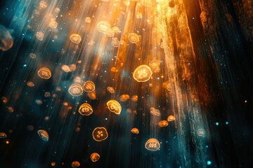 Poster - Glowing jellyfish gracefully descend through a radiant, underwater beam of light.