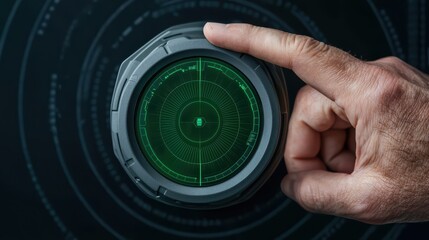 Poster - Hand Adjusting High-Tech Radar Device on Dark Background